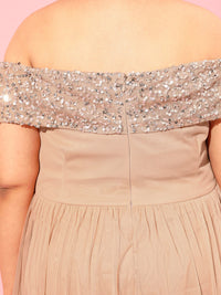CURVY STREET Peach Plus Size Embellished Net Dress