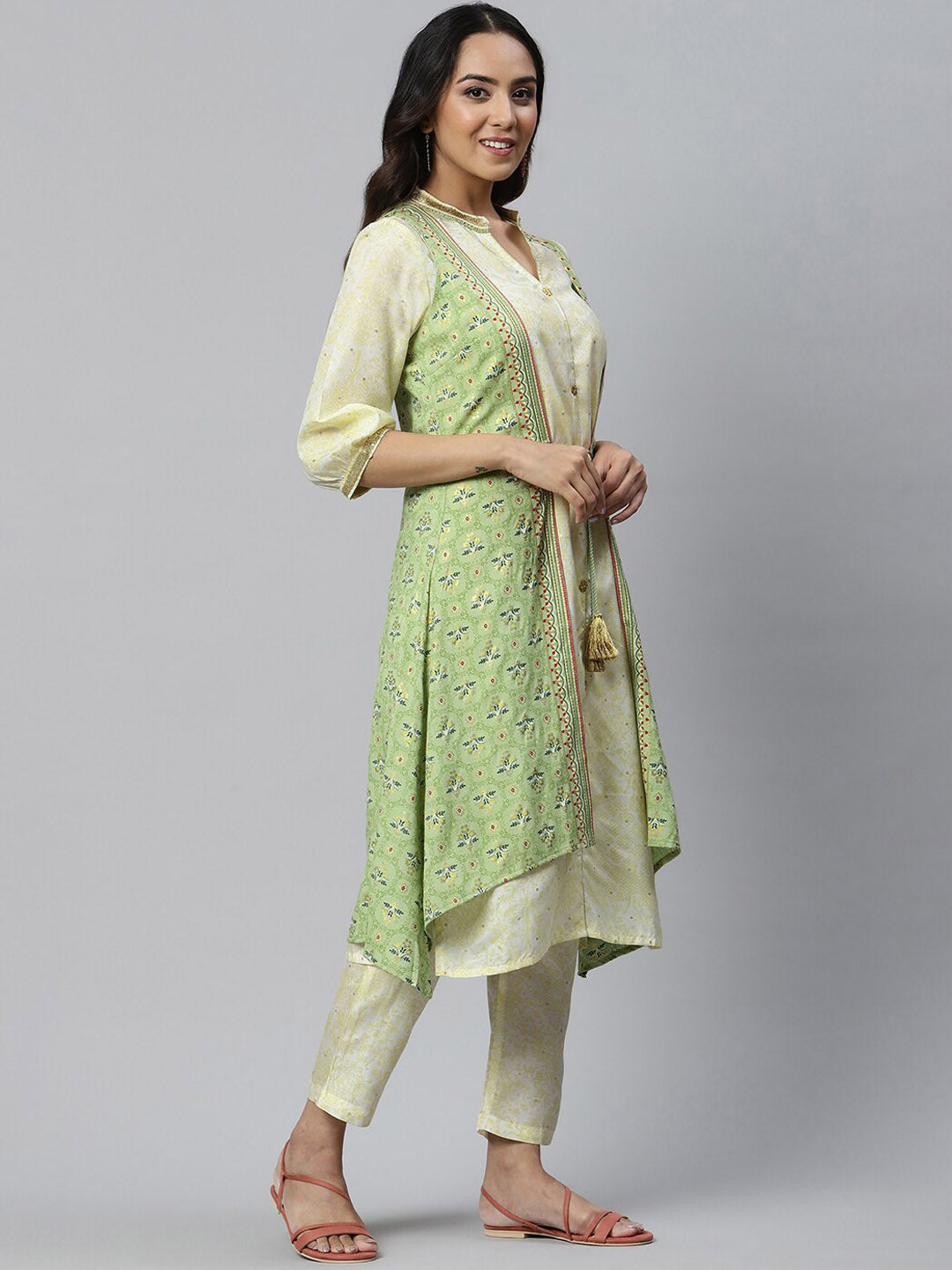AURELIA Women Green Ethnic Motifs Embroidered Layered Kurta with Trousers