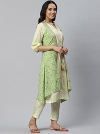 AURELIA Women Green Ethnic Motifs Embroidered Layered Kurta with Trousers