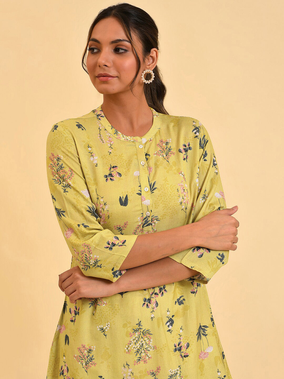 W Yellow Floral Printed Mandarin Collar Top