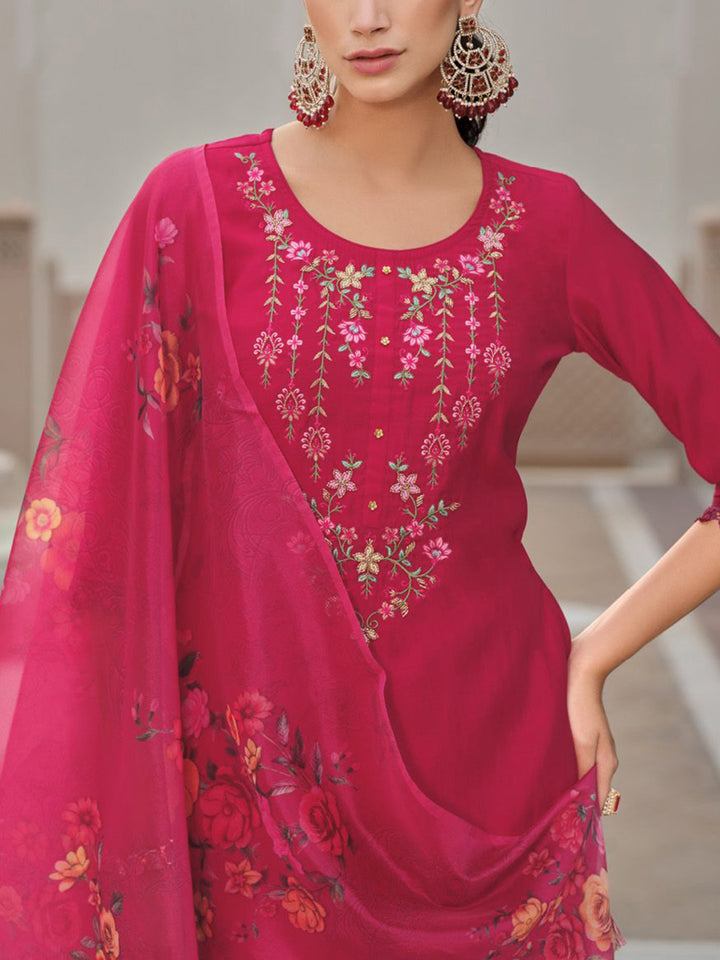 Varanga Floral Embroidered Thread Work Straight Kurta With Trousers And Dupatta