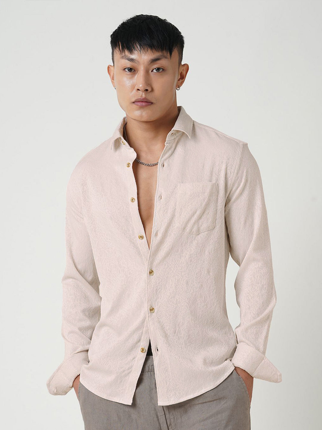 VASTRADO Men Classic Spread Collar Textured Slim Fit Casual Shirt