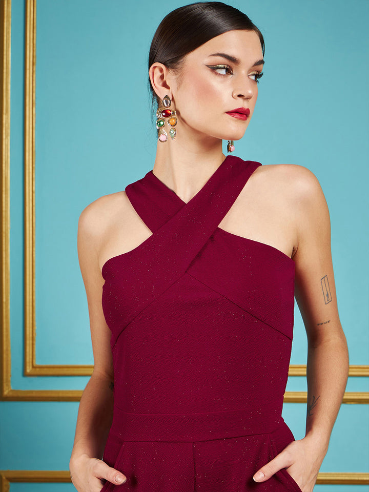 SASSAFRAS Maroon Halter Neck Basic Jumpsuit