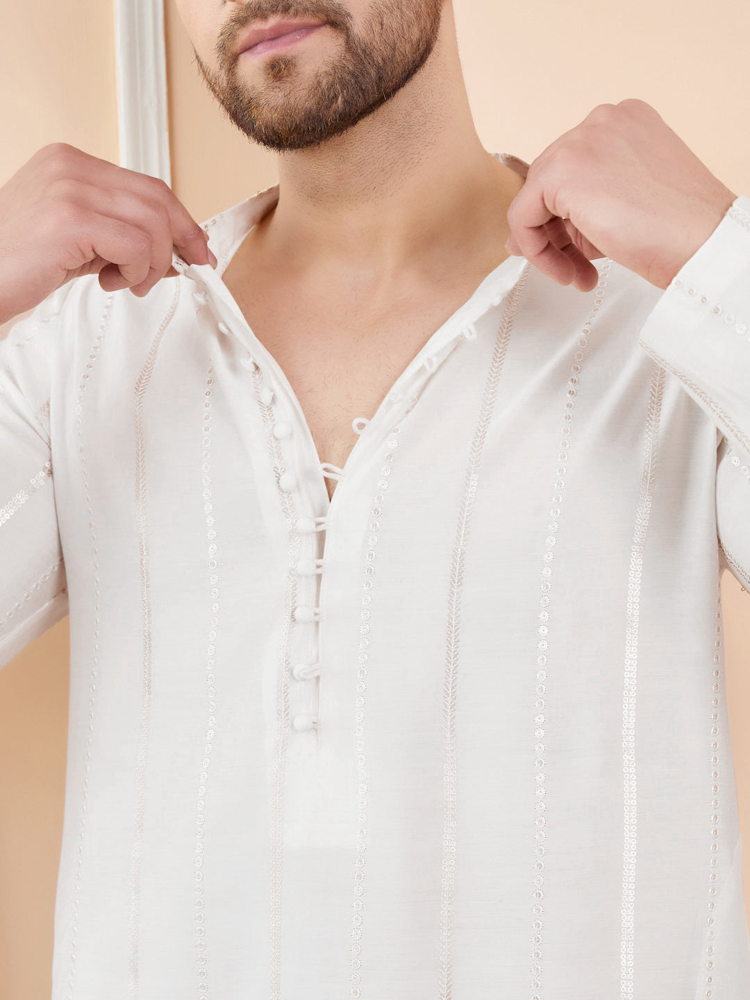 See Designs Striped Embroidered Thread Work Chanderi Silk Straight Kurta With Pyjamas