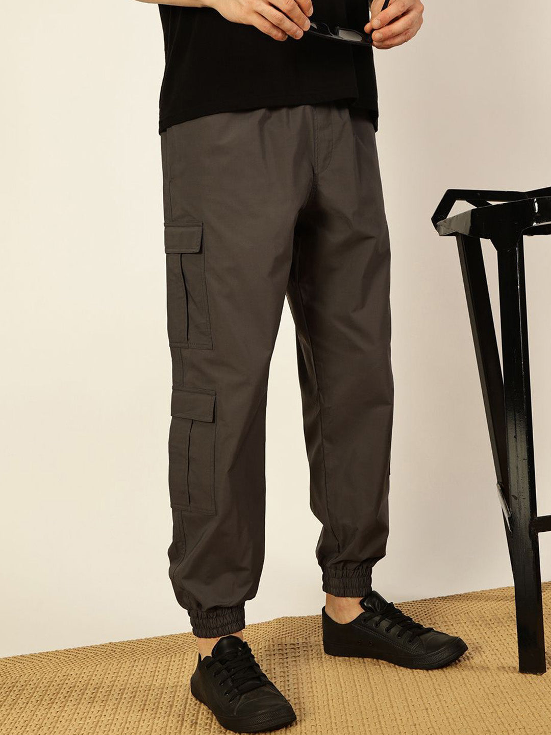 Thomas Scott Men Casual Loose Fit Mid-Rise Cotton Wrinkle Free Solid Joggers Trousers