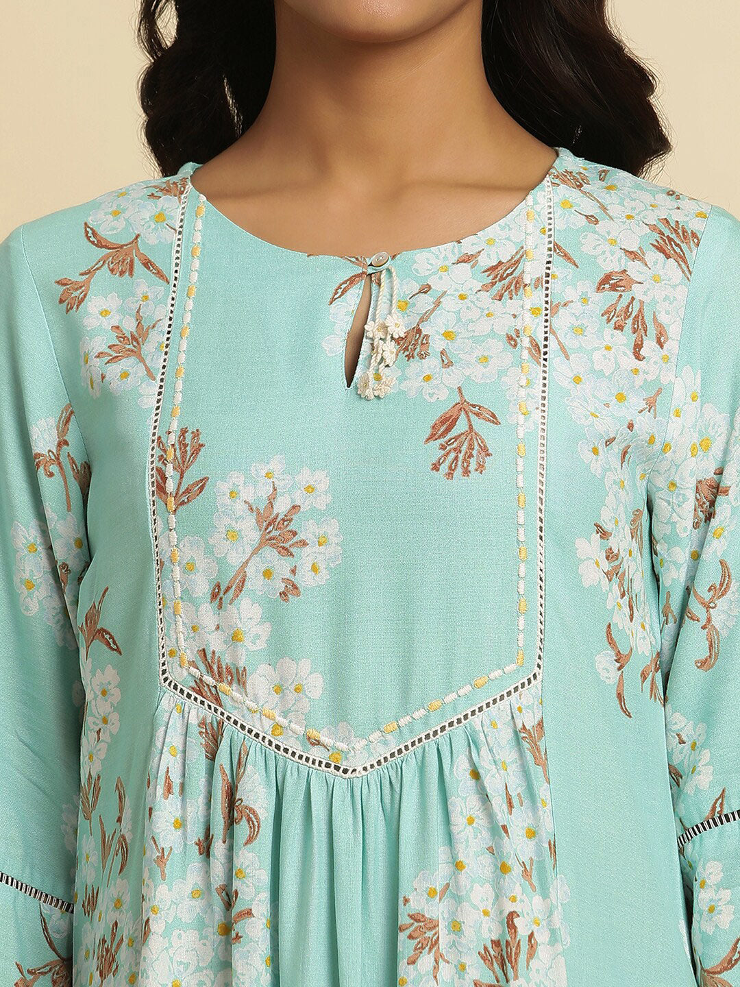 W Blue Floral Printed Keyhole Neck Thread Work Empire A-Line Kurta
