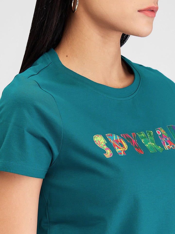 SPYKAR Women Typography Applique T-shirt