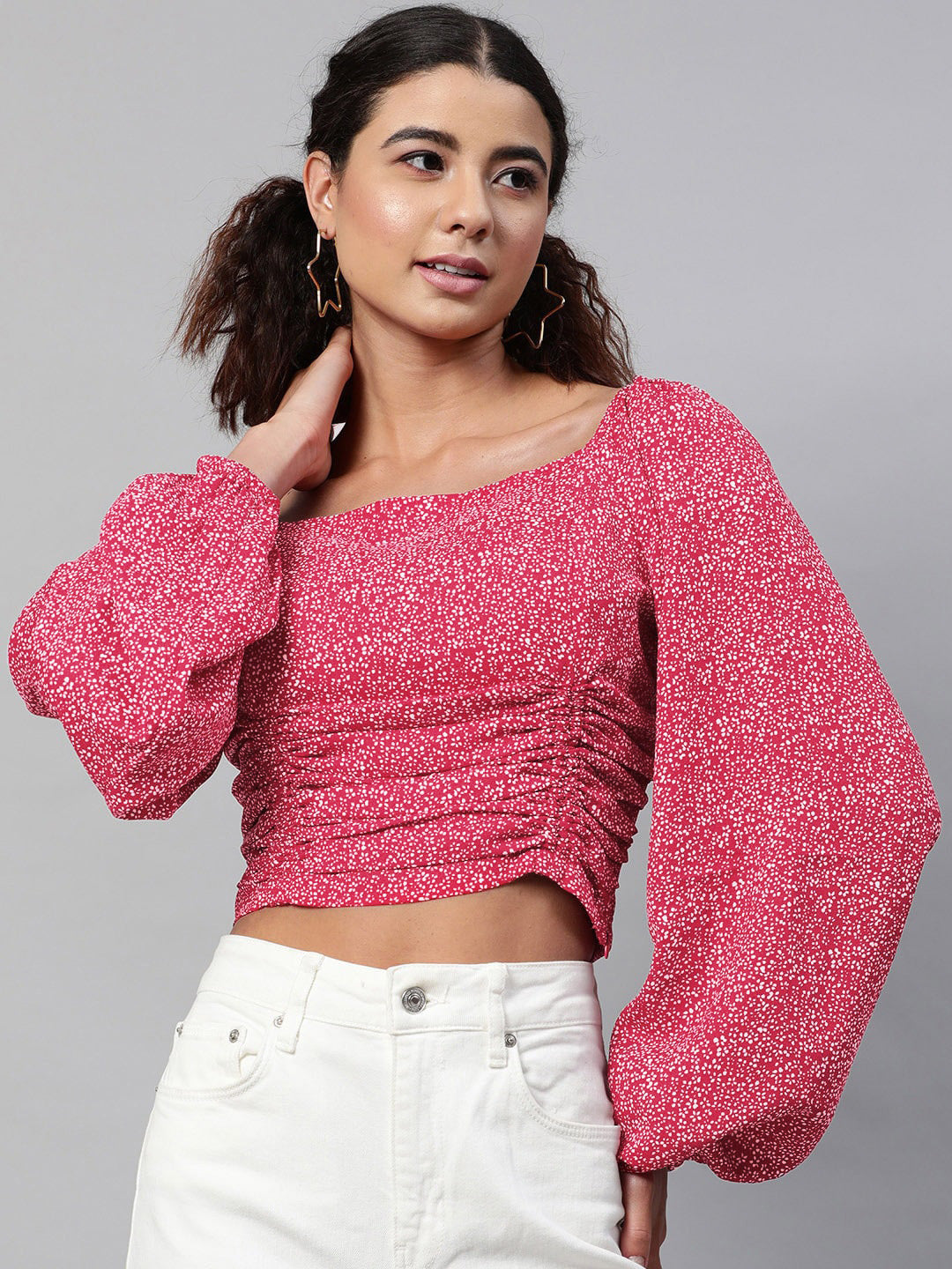 STREET 9 Maroon Floral Georgette Fitted Crop Top
