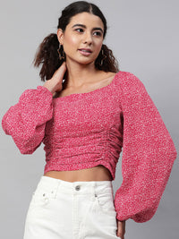 STREET 9 Maroon Floral Georgette Fitted Crop Top