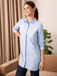 STREET 9 Blue Comfort Spread Collar Cotton Longline Oversized Casual Shirt