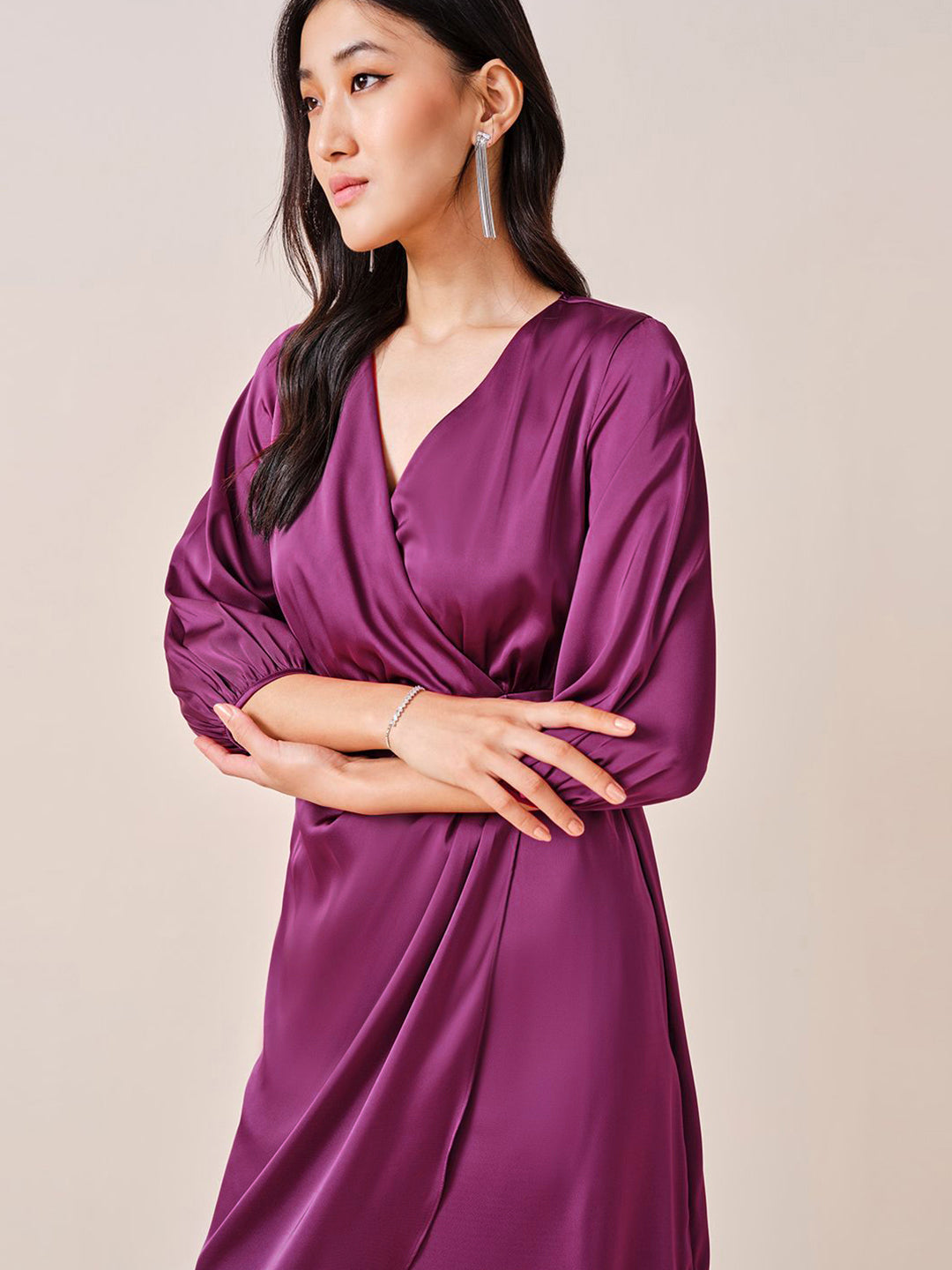 AND Women Solid V-Neck Puff Sleeve Wrap Midi Dress