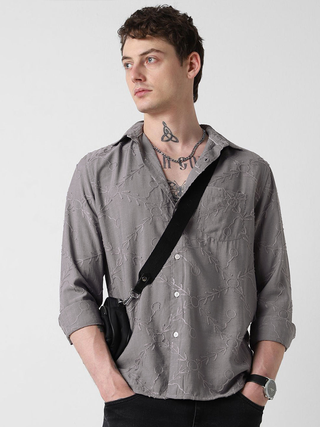 VASTRADO Men Classic Spread Collar Textured Solid Pure Cotton Slim Fit Casual Shirt