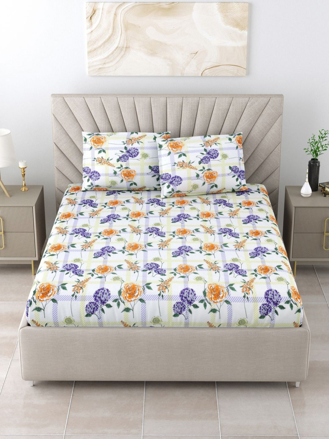 BOMBAY DYEING Florentine White Floral Pure Cotton 144TC Queen Bedsheet Set 2.28 m X 2.54m