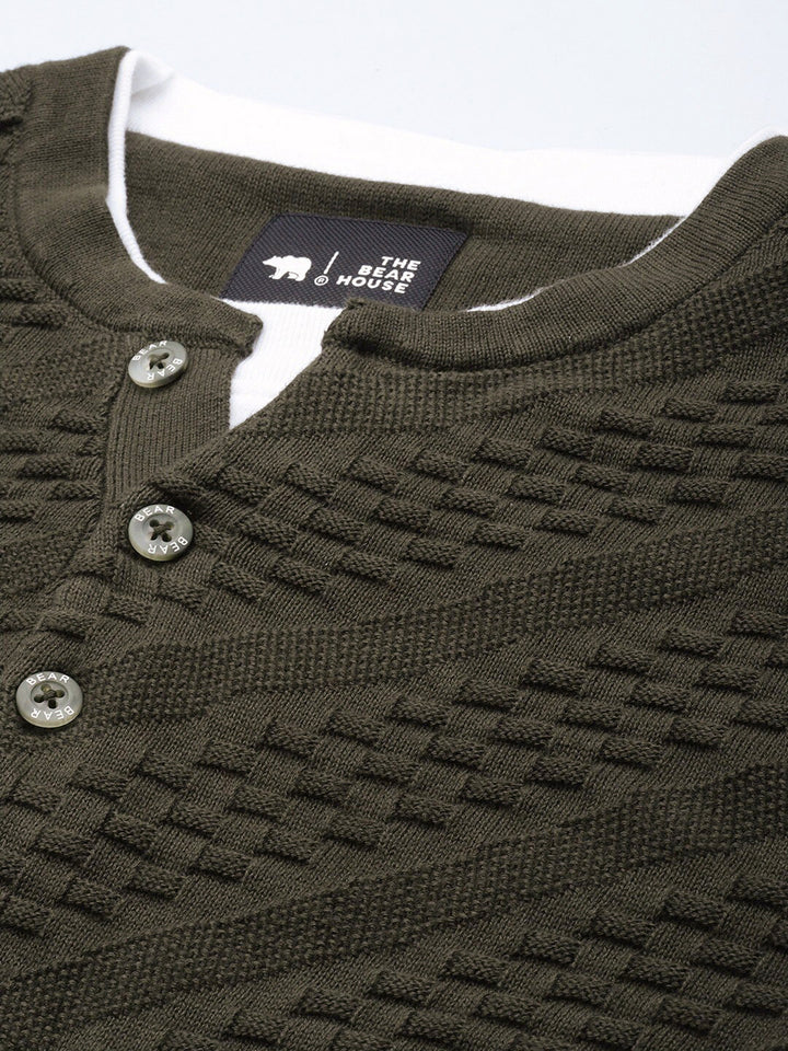 THE BEAR HOUSE Men Ardor Edition Self Design Henley Neck Slim Fit Pure Cotton T-shirt