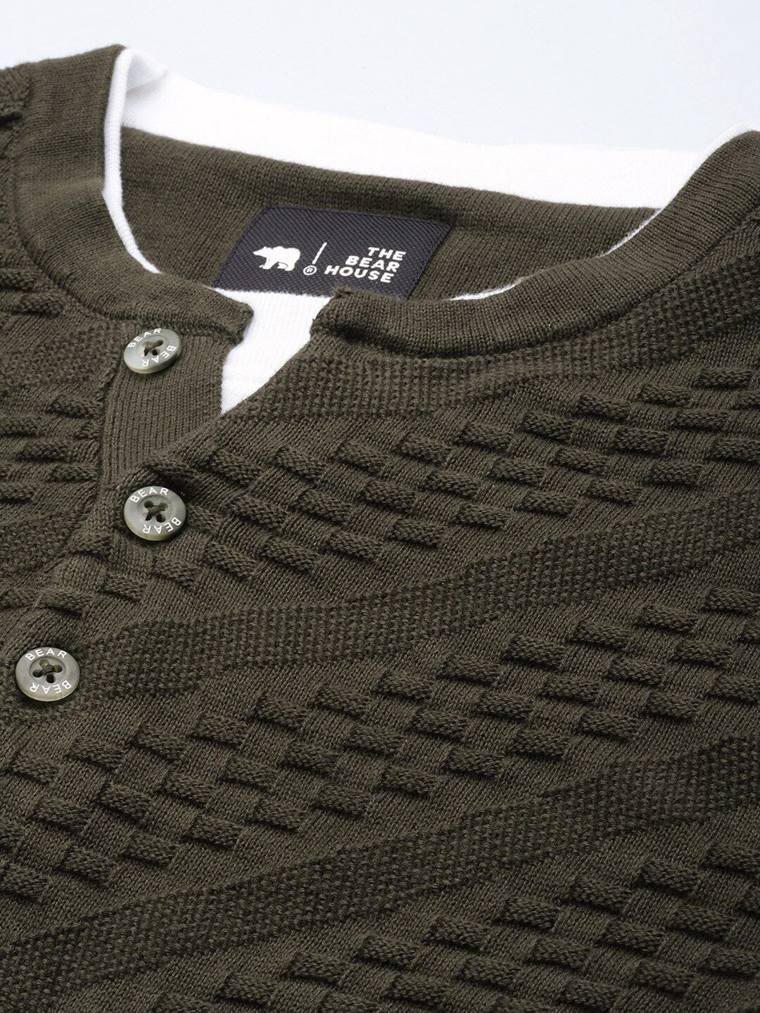 THE BEAR HOUSE Men Ardor Edition Self Design Henley Neck Slim Fit Pure Cotton T-shirt