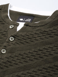 THE BEAR HOUSE Men Ardor Edition Self Design Henley Neck Slim Fit Pure Cotton T-shirt