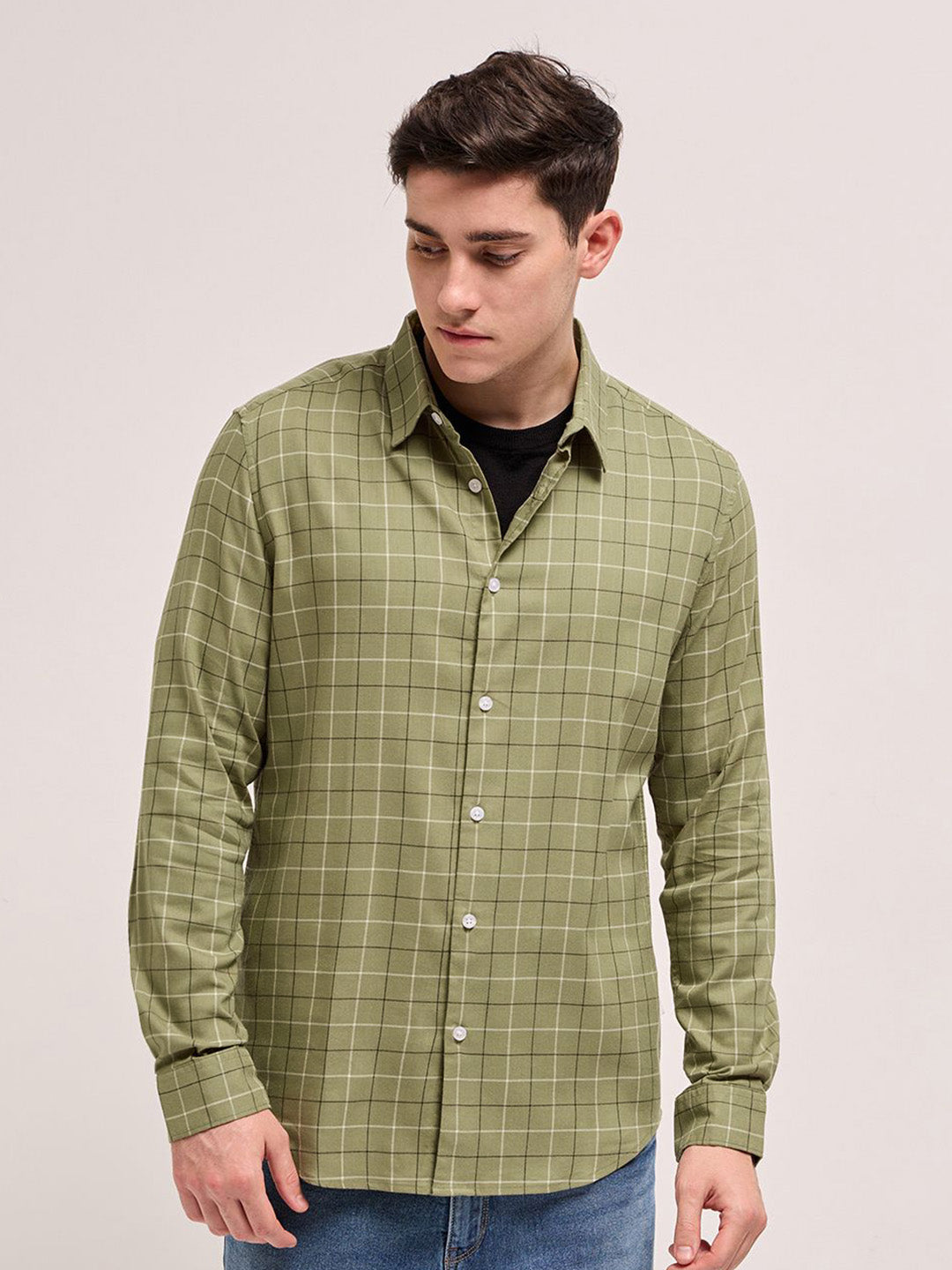 THE BEAR HOUSE Men Spread Collar Windowpane Checked Cotton Slim Fit Casual Shirt