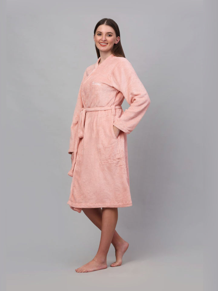 KLOTTHE Pink Woollen Long Sleeves Bath Robe With Belt