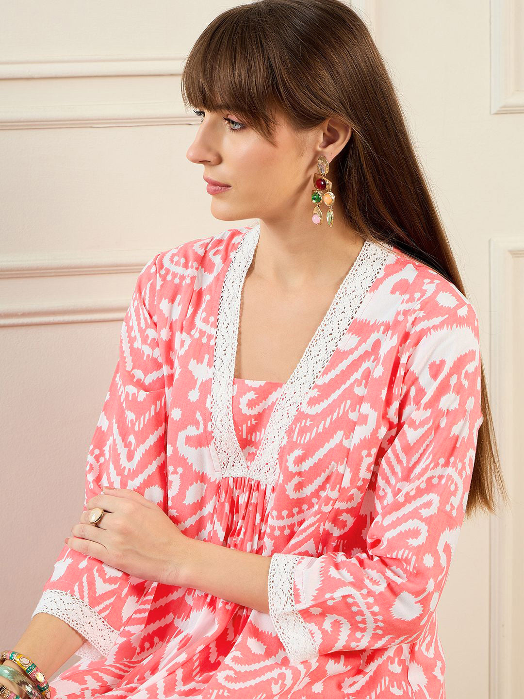 Indo Era Abstract Printed Pleated A-Line Kurta