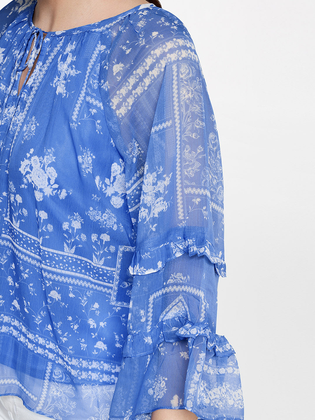 AND Floral Printed Tie-Up Neck Flared Sleeves Top