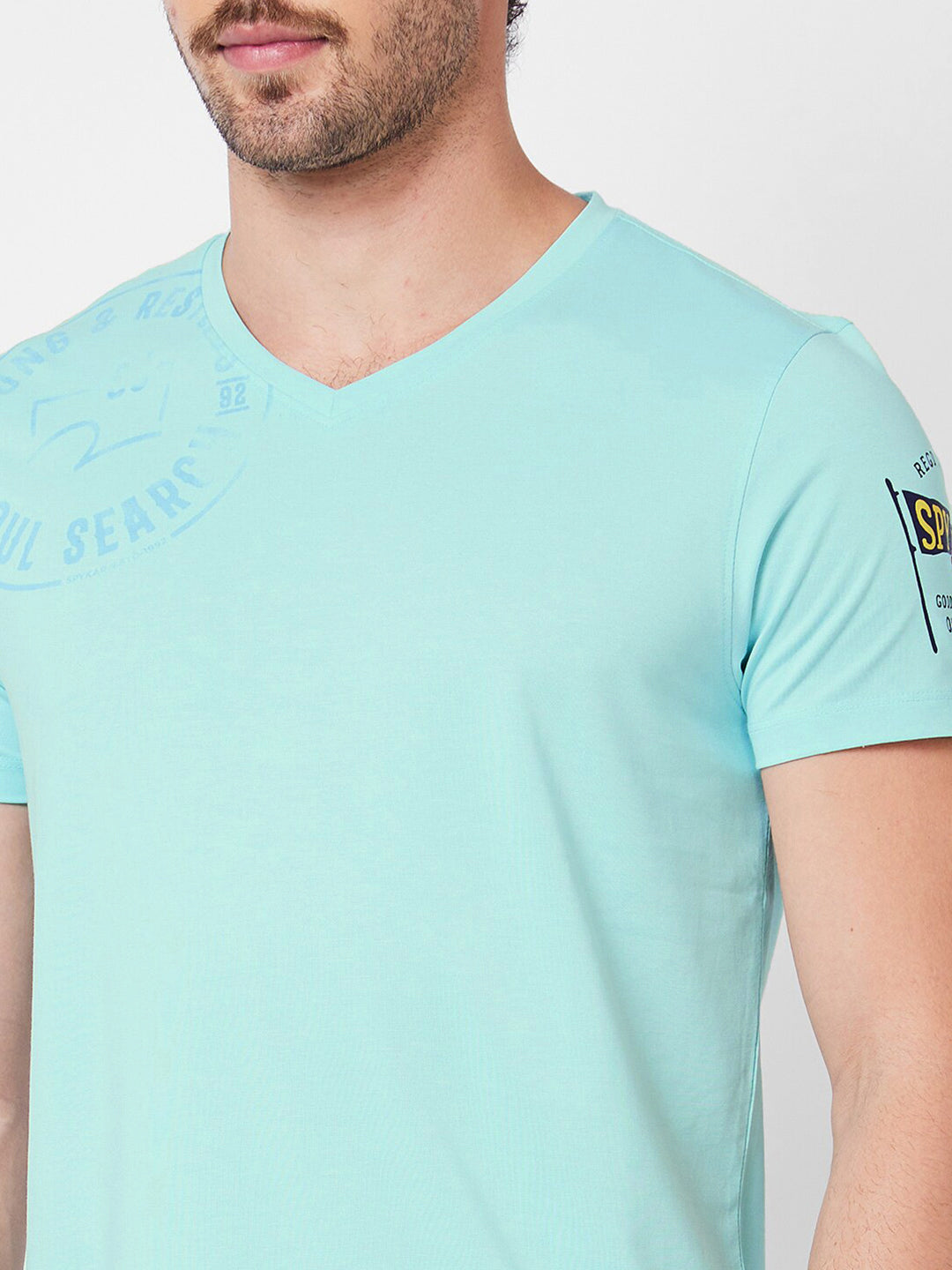 SPYKAR Typography Printed V-Neck Cotton Slim Fit T-shirt