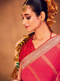 Saree mall Striped Woven Design Zari Poly Georgette Sarees