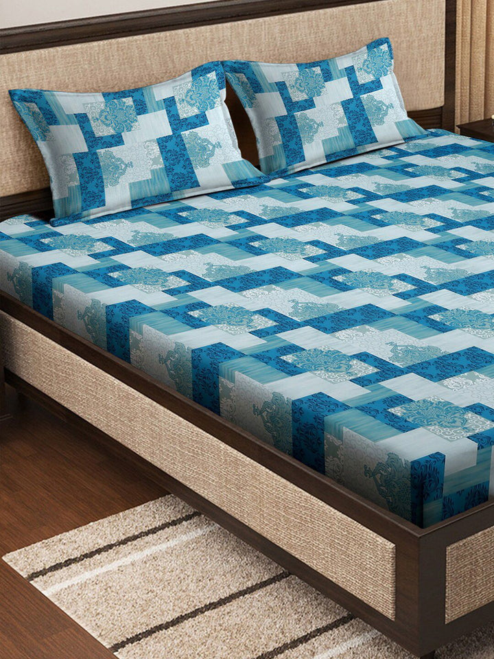 KLOTTHE Blue Printed 400 TC Pure Cotton Super King Bedsheet With 2 Pillow Cover