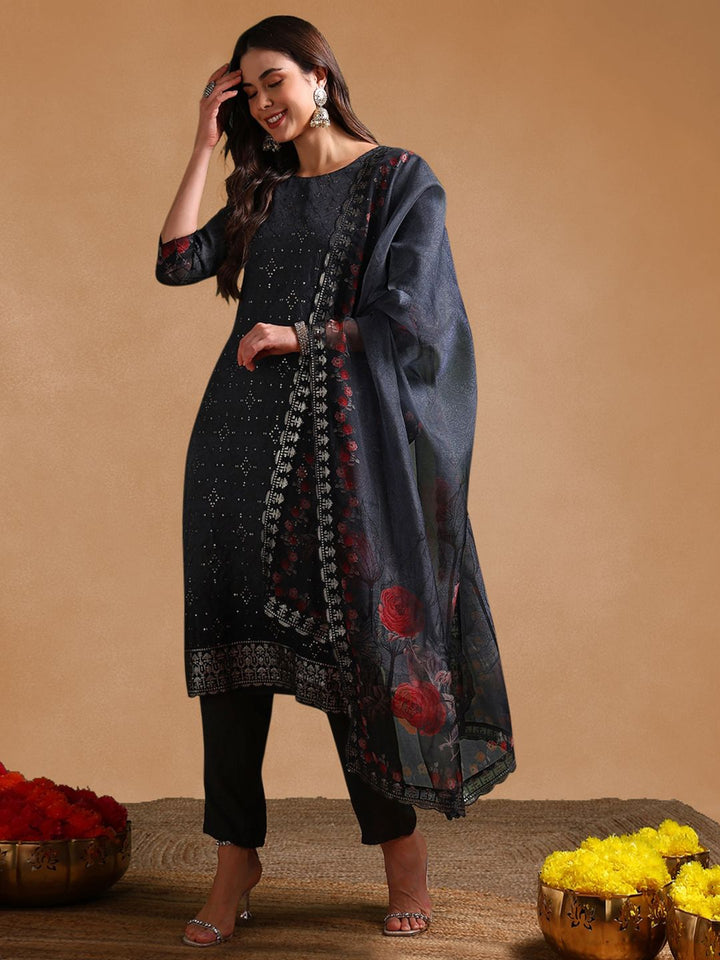 KALINI Floral Embroidered Sequinned Organza Straight Kurta With Trousers & Dupatta
