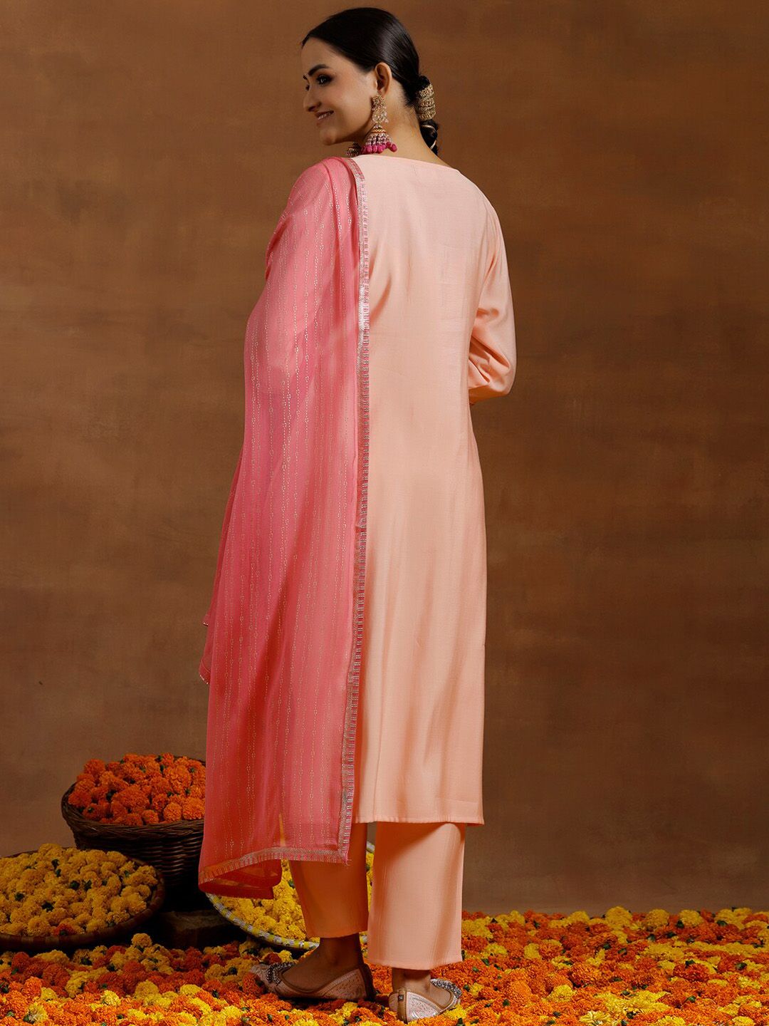 Libas Floral Yoke Design Regular Sequinned Straight Kurta With Trousers & Dupatta