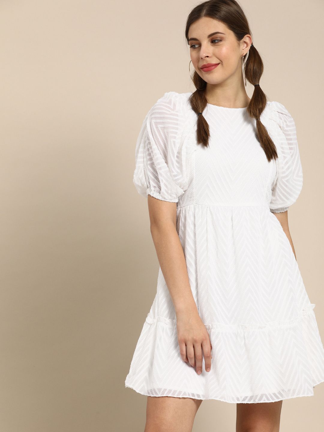 Athena Glorious White Self Design Fit and Flare Dress