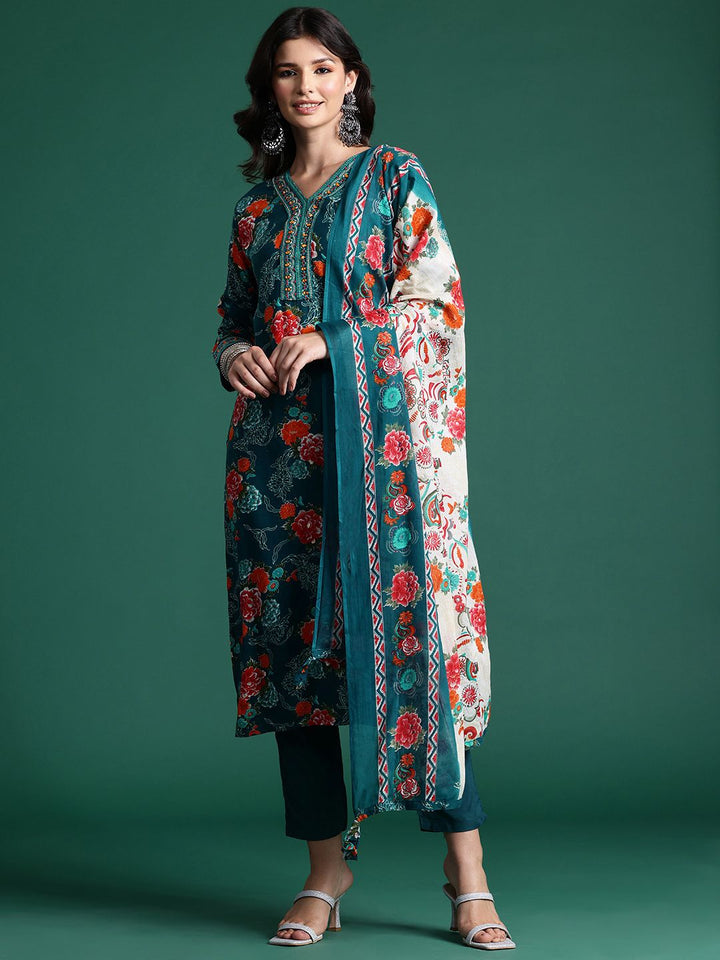 Indo Era Floral Printed Mirror Work Kurta with Trousers & With Dupatta