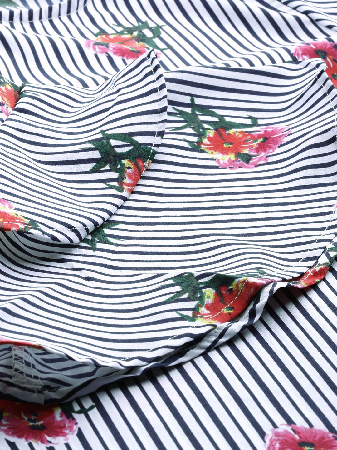 Tokyo Talkies White & Black Floral Printed Striped Top