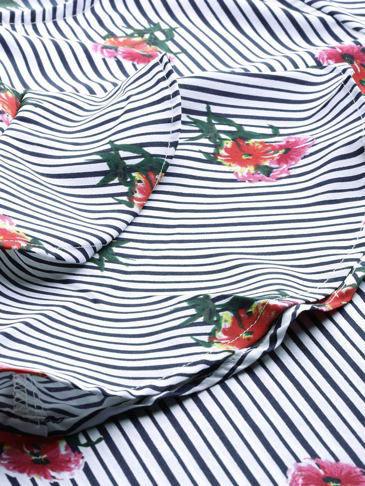 Tokyo Talkies White & Black Floral Printed Striped Top