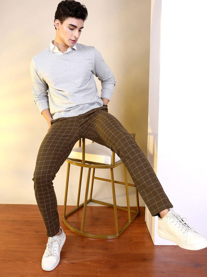 The Indian Garage Co Men Brown Slim Fit Checked Regular Trousers