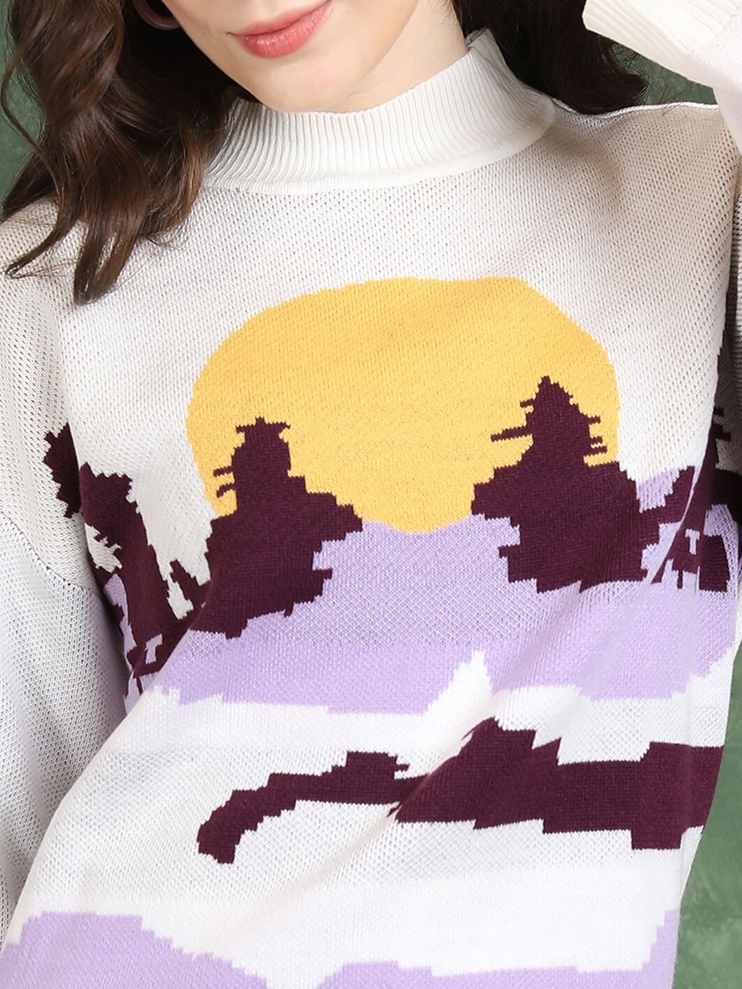Tokyo Talkies Off White Graphic Printed High Neck Acrylic Pullover
