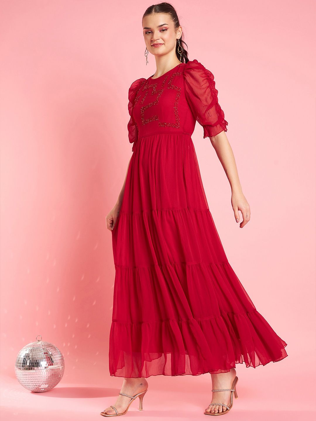 Antheaa Embellished Puff Sleeve Chiffon Maxi Dress