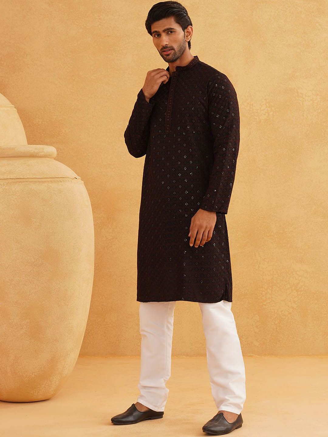 SOJANYA Geometric Embroidered Mandarin Collar Sequinned Pure Cotton Kurta With Churidar