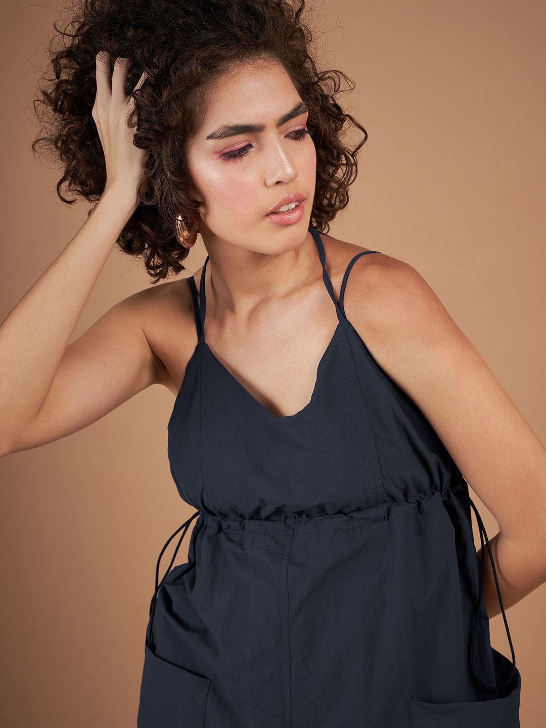 SASSAFRAS Navy Blue Shoulder Straps Empire Parachute Midi Dress