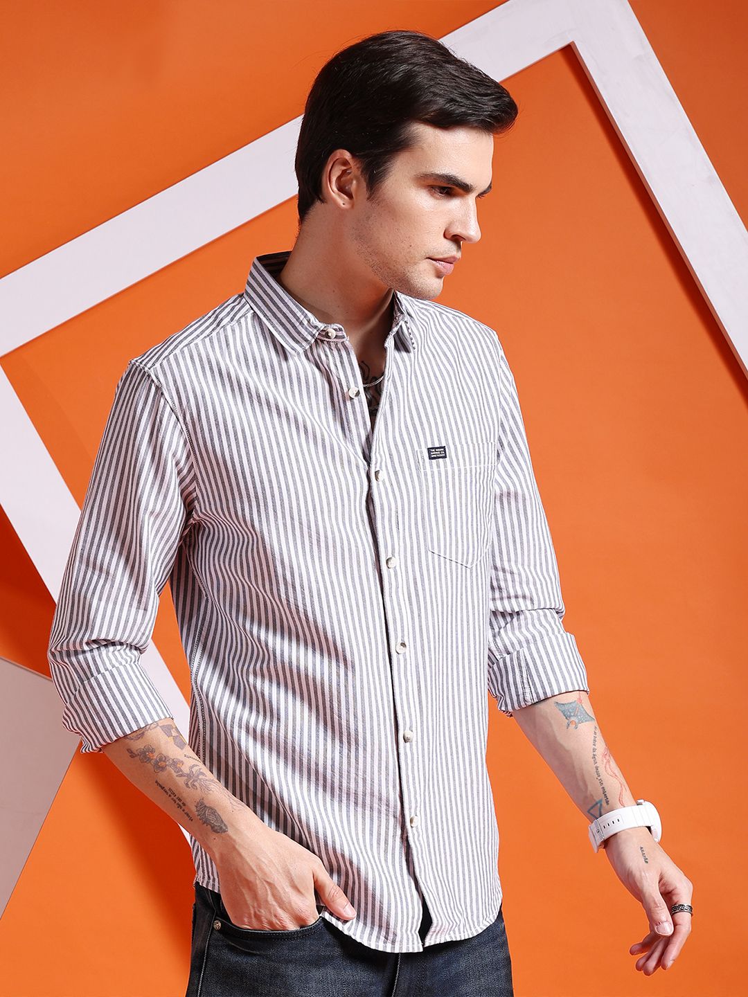The Indian Garage Co Men Black Slim Fit Multi Stripes Striped Casual Shirt