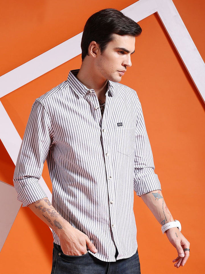The Indian Garage Co Men Black Slim Fit Multi Stripes Striped Casual Shirt