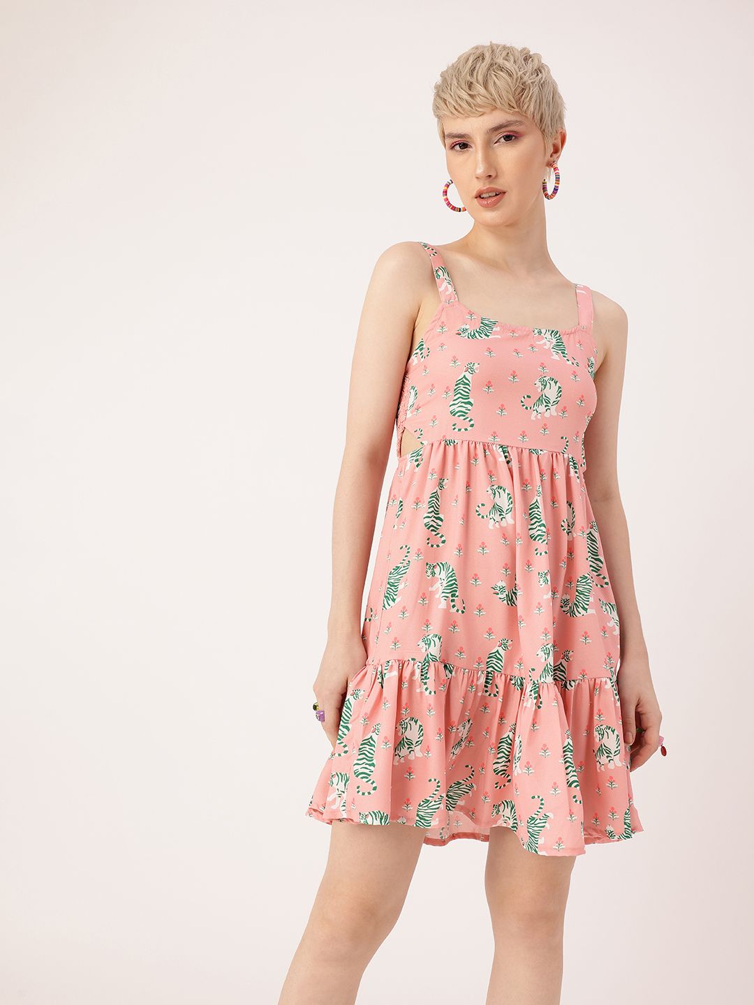 DressBerry Holiday Glam Printed Shoulder Straps Smocked Cut-Outs A-line Dress