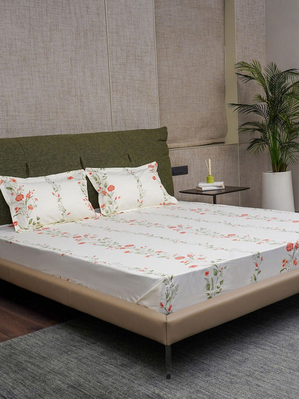 URBAN SPACE Peach-Coloured Printed Cotton 200 TC Queen Bedsheet With 2 Pillow Covers