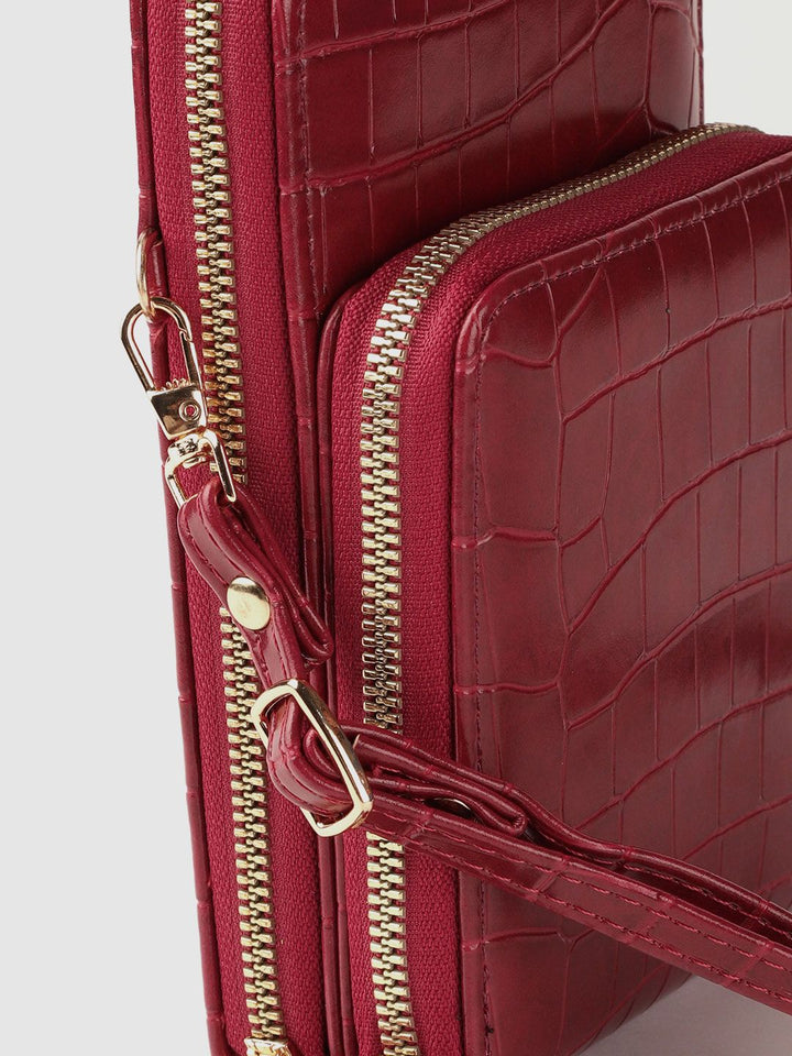 Lino Perros Maroon Croc Textured Structured Sling Bag with Detachable Sling Strap