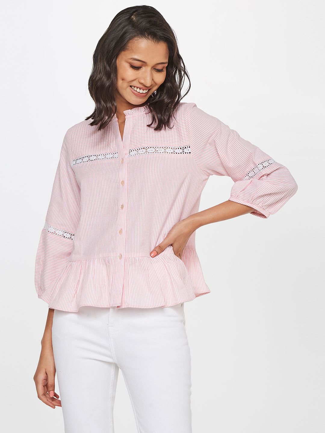 AND Striped Puff Sleeve Cotton Top