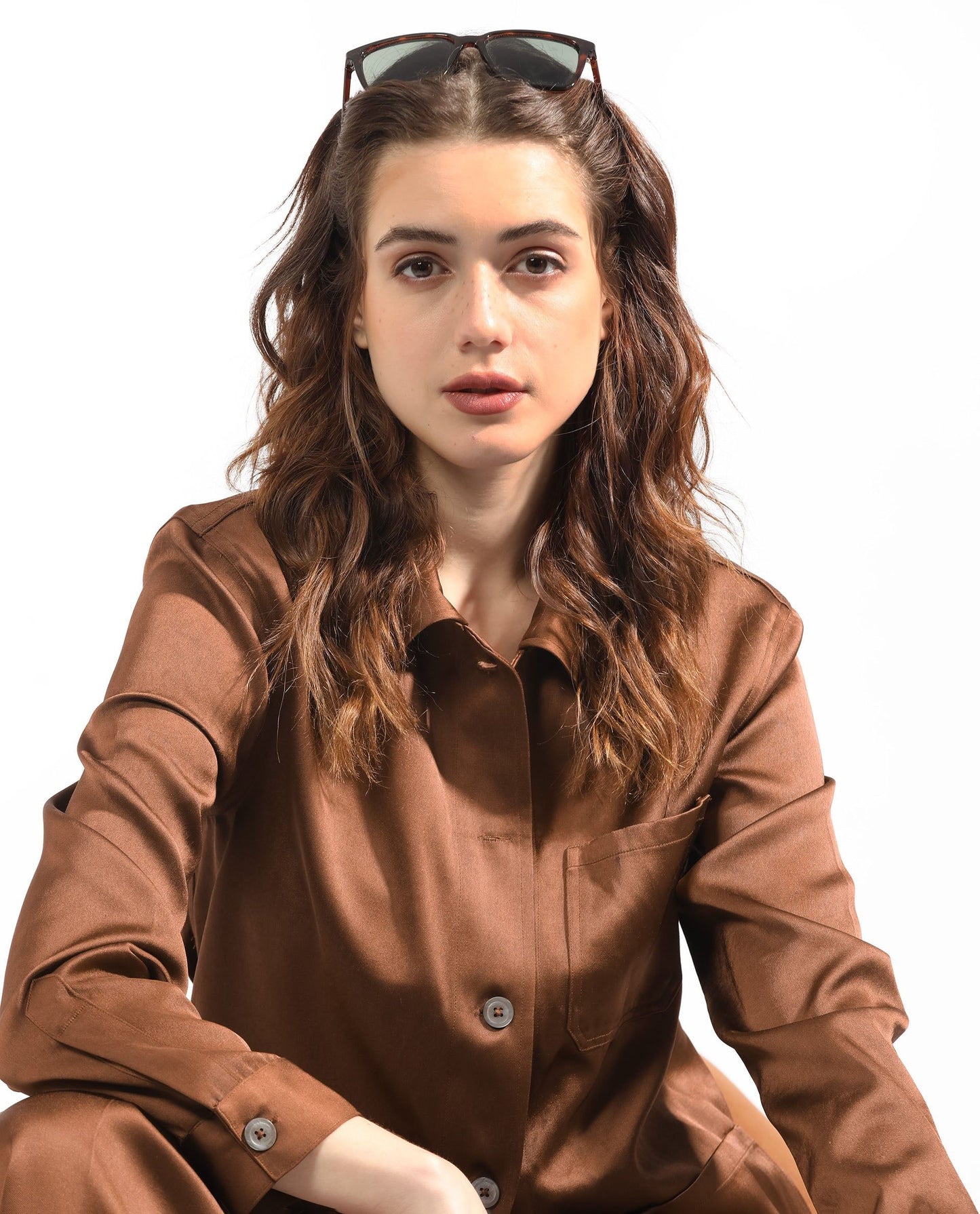 RAREISM Spread Collar Boxy Satin Shacket