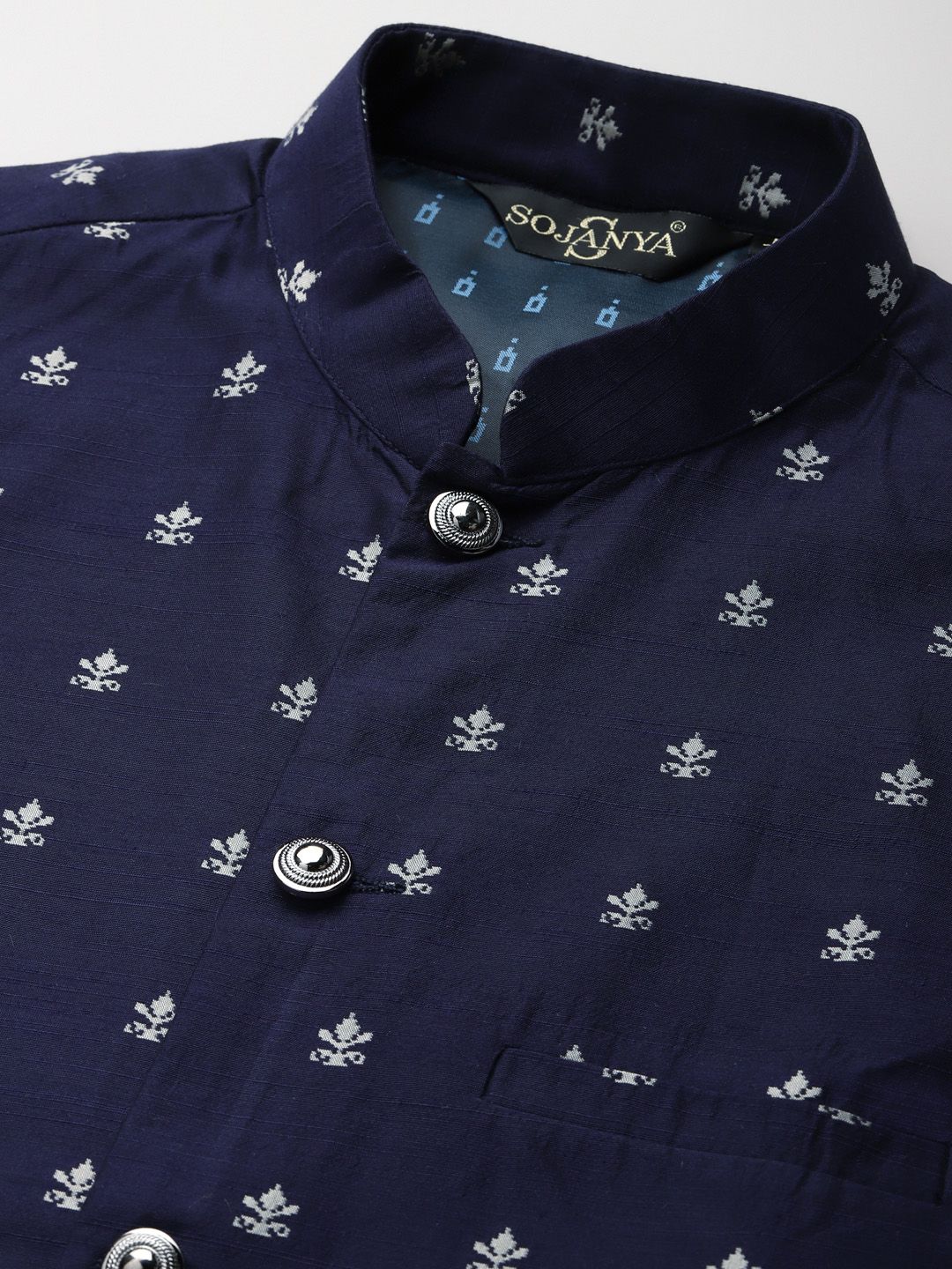 SOJANYA Men Navy Self Design Kurta with Churidar & Nehru Jacket