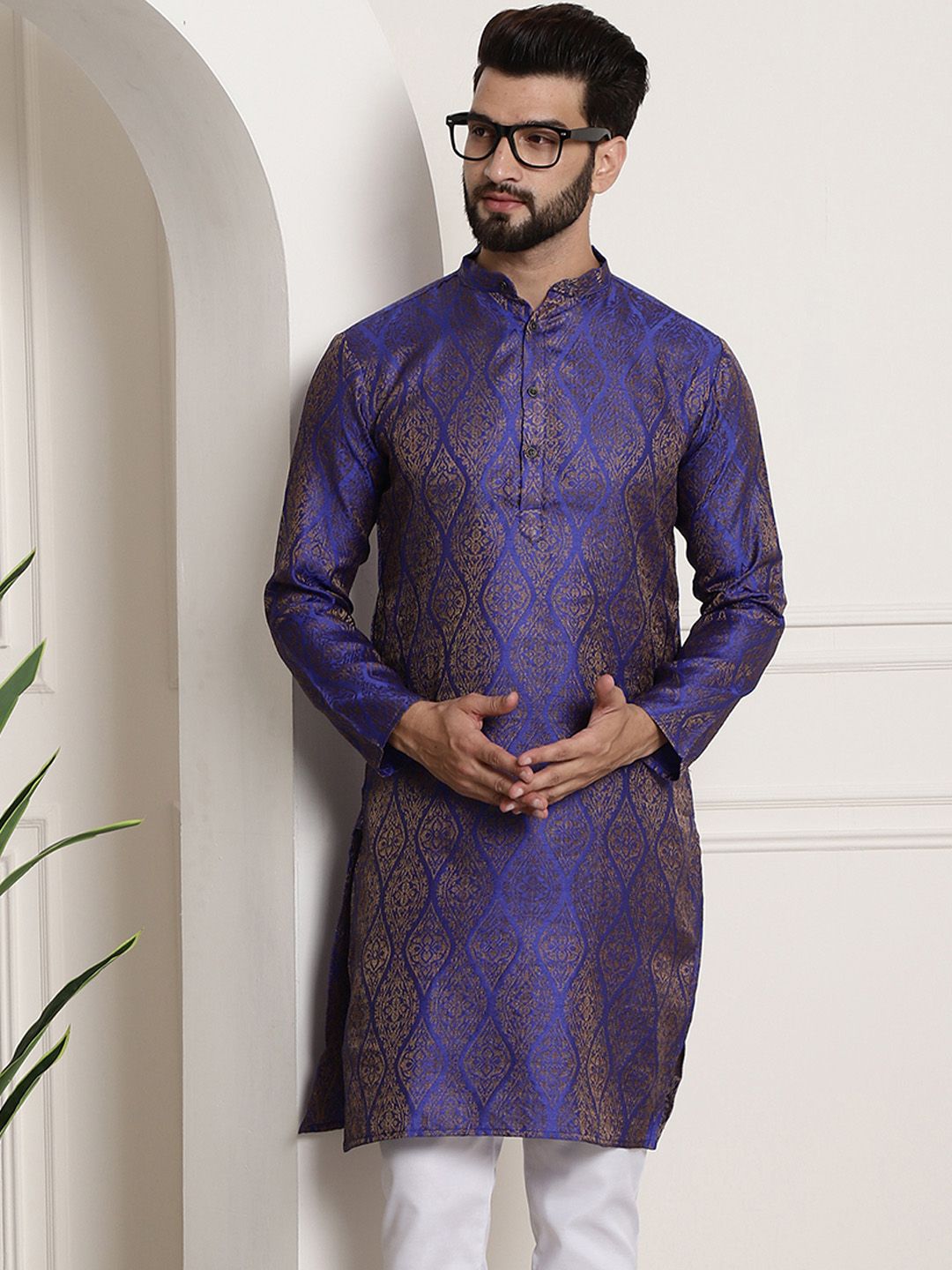 Sojanya Lelaki Motif Etnik Biru & Emas Jacquard Kurta