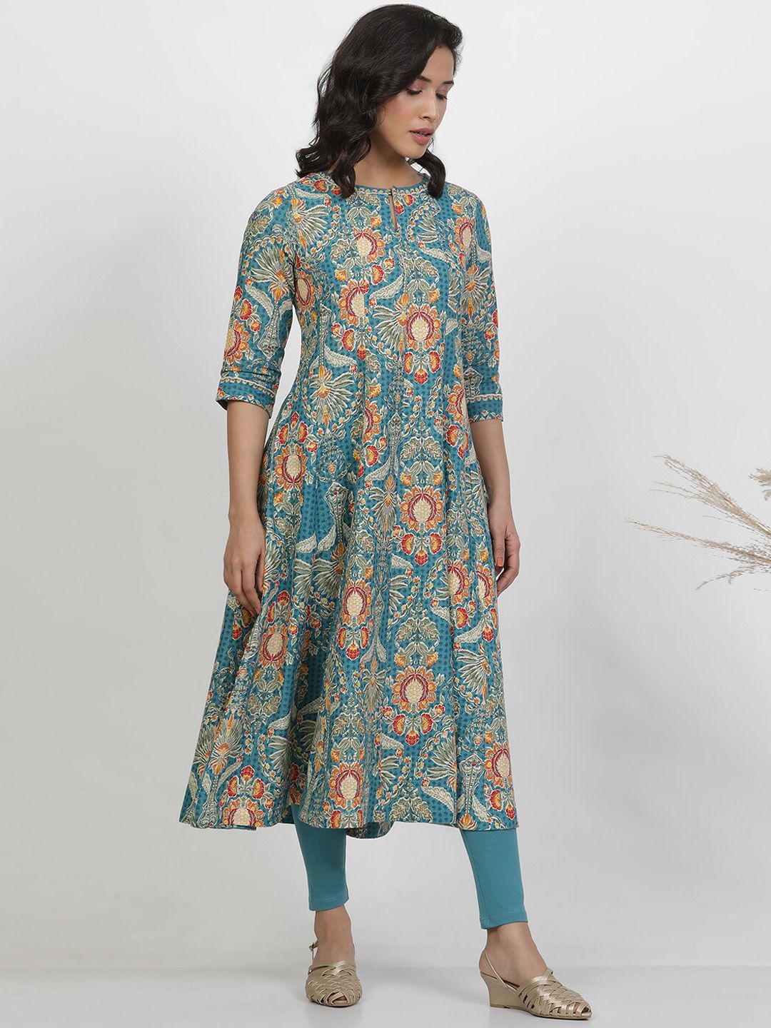 W Floral Printed Keyhole Neck Pure Cotton A-Line Kurta