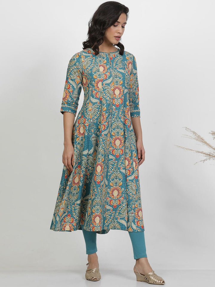 W Floral Printed Keyhole Neck Pure Cotton A-Line Kurta