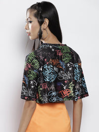 SASSAFRAS Women Black & Blue Print Boxy Crop Top